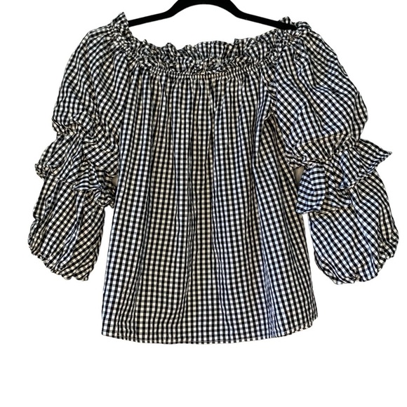 Entro black‎ and white gingham off shoulder puff sleeve popover blouse. Size M - Picture 1 of 9
